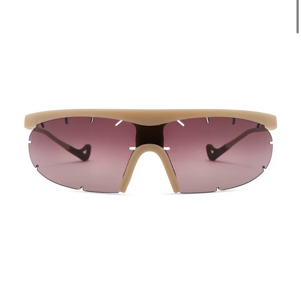 Women's Sport Shield Sunglasses in Beige with Purple Lenses